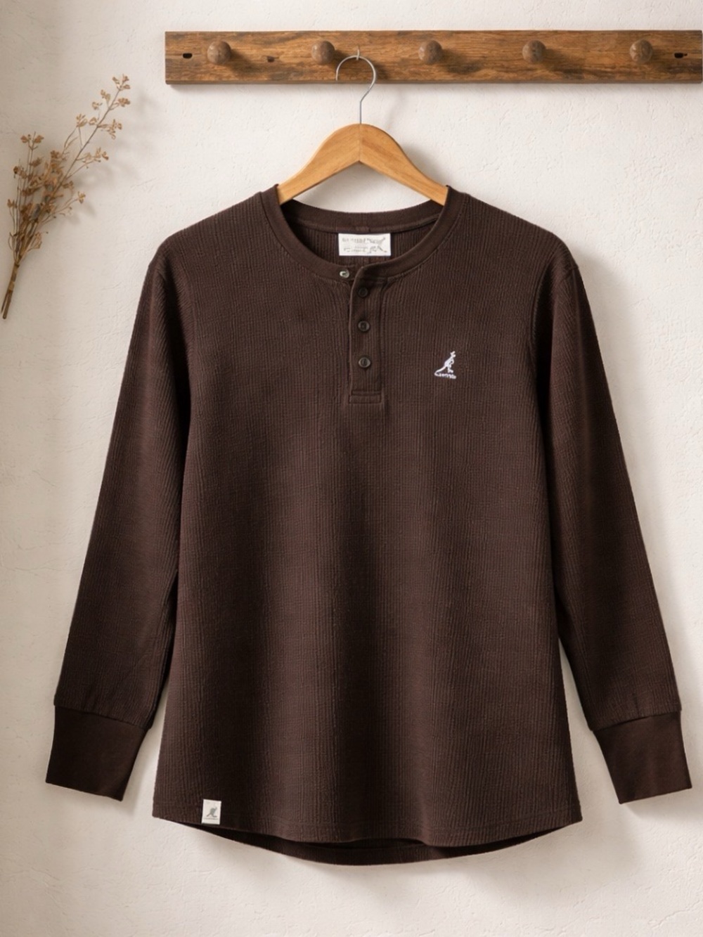NWT Kangol Men's Long-Sleeve Waffle Henley | Chocolate Brown | Size XL